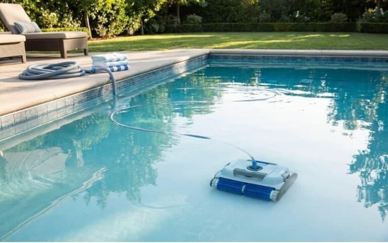 A robotic pool cleaner supporting consistent routine maintenance in a clean residential pool
